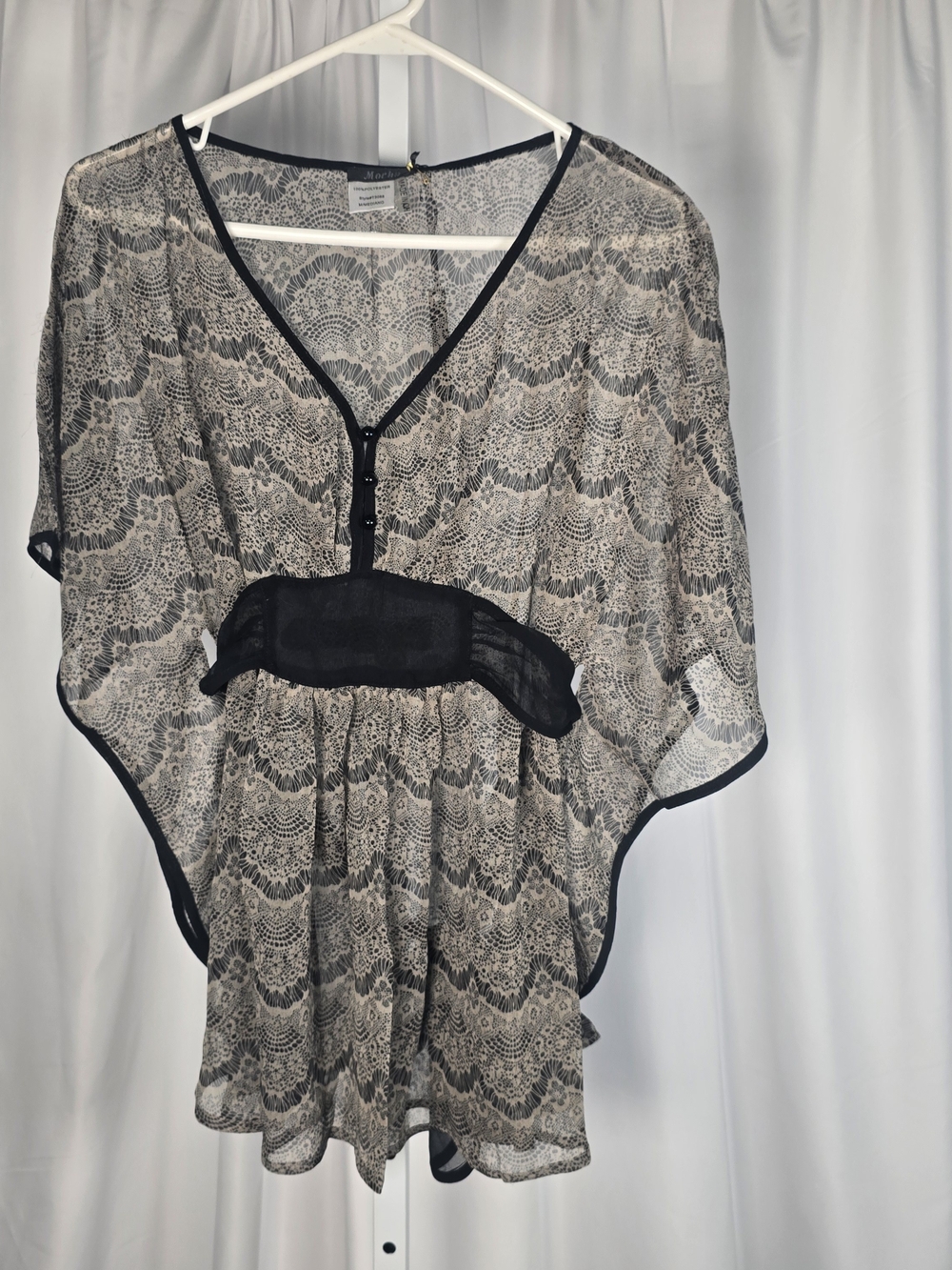 Unique Vintage Mocha Sheer Tunic Top Fan Print Belt NEW! Sz M Fairycore Goth